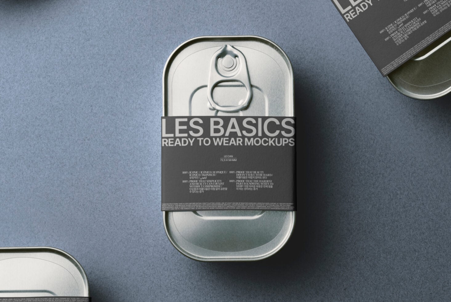 Single metallic can centered on blue background with ready to wear mockups label