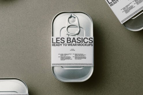 Single metallic can on neutral surface with ready to wear mockups label