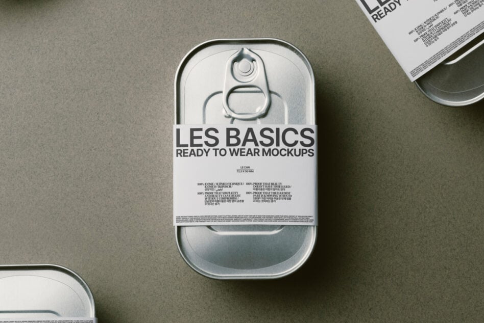 Single metallic can on neutral surface with ready to wear mockups label