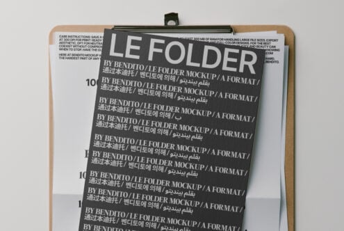 Natural wood clipboard displaying folder mockup with bold sans serif branding