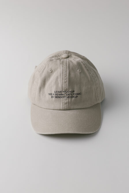 Beige baseball cap overhead shot displaying embroidered logo placement