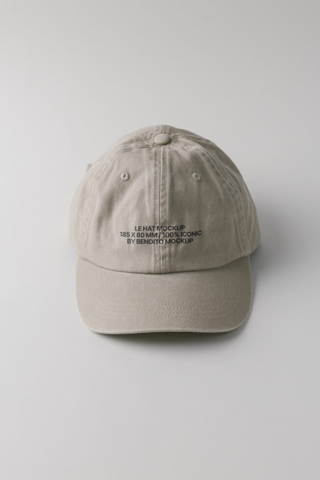 Beige baseball cap overhead shot displaying embroidered logo placement