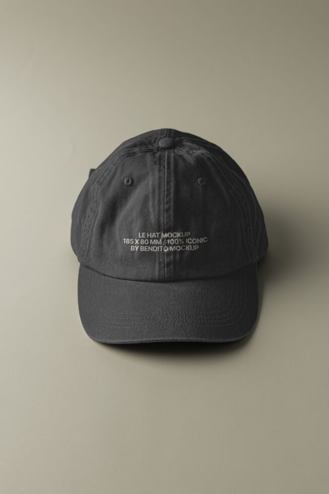 Charcoal baseball cap flat lay from above with embroidered text