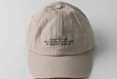 Cream colored cap overhead view with small embroidered text visible