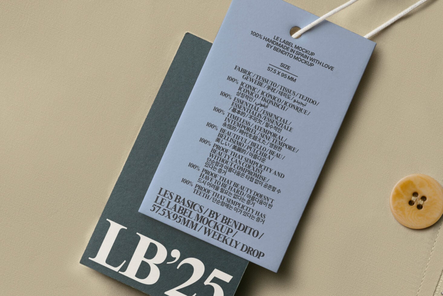 Periwinkle hang tag with multilingual care text on charcoal backing styled flat