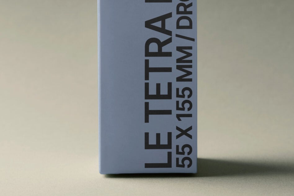 Light blue tetra pack shown from angled side view with text