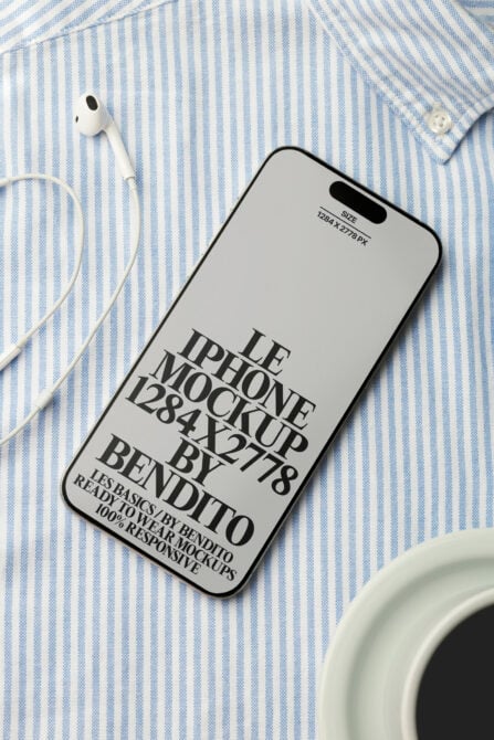 Light gray iPhone mockup on blue striped fabric with white earbuds nearby