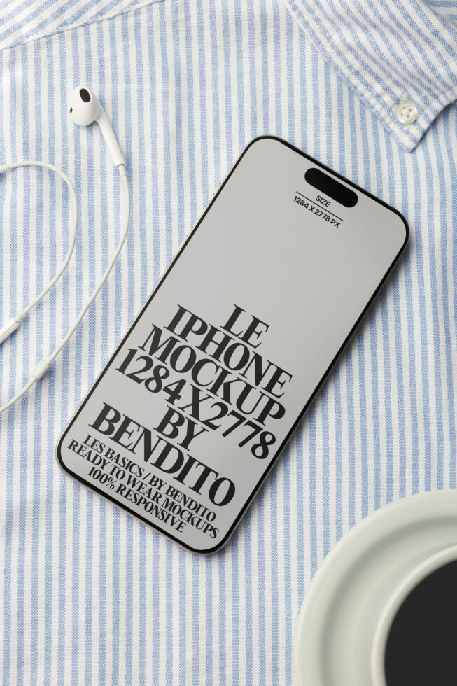 Light gray iPhone mockup on blue striped fabric with white earbuds nearby