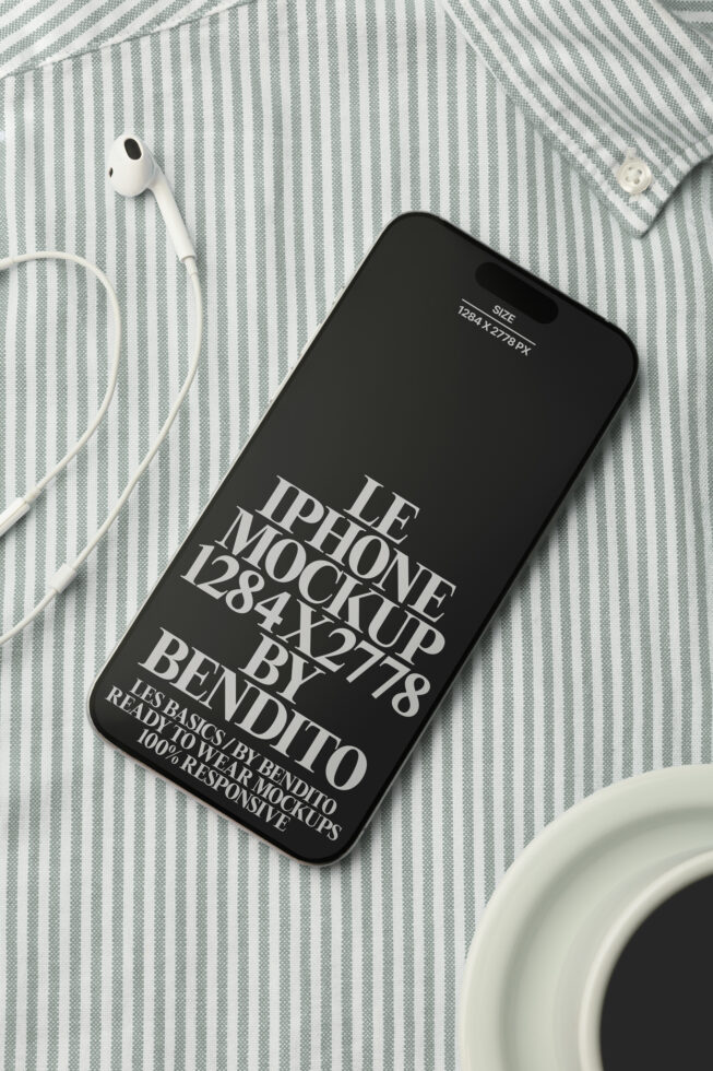 Black iPhone mockup on striped fabric with white earbuds nearby