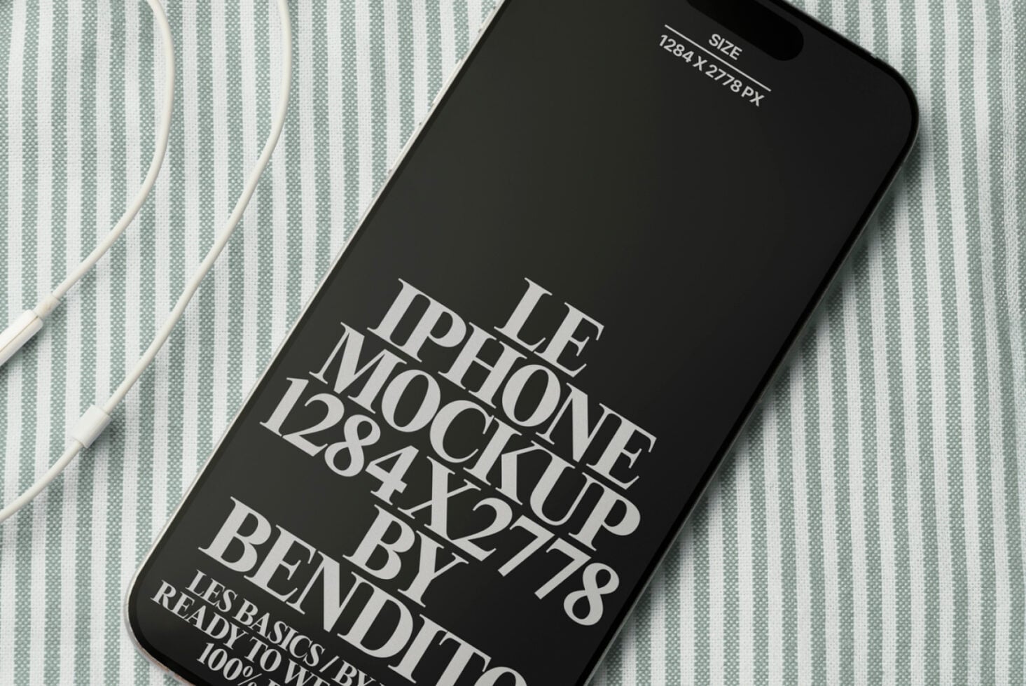 Black iPhone mockup on sage striped fabric with white cords nearby