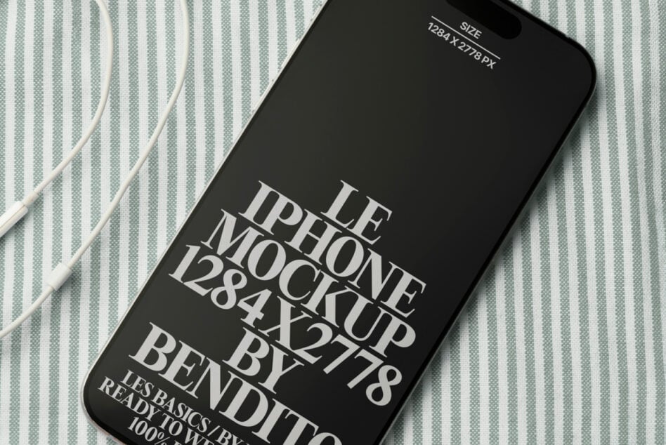 Black iPhone mockup on sage striped fabric with white cords nearby