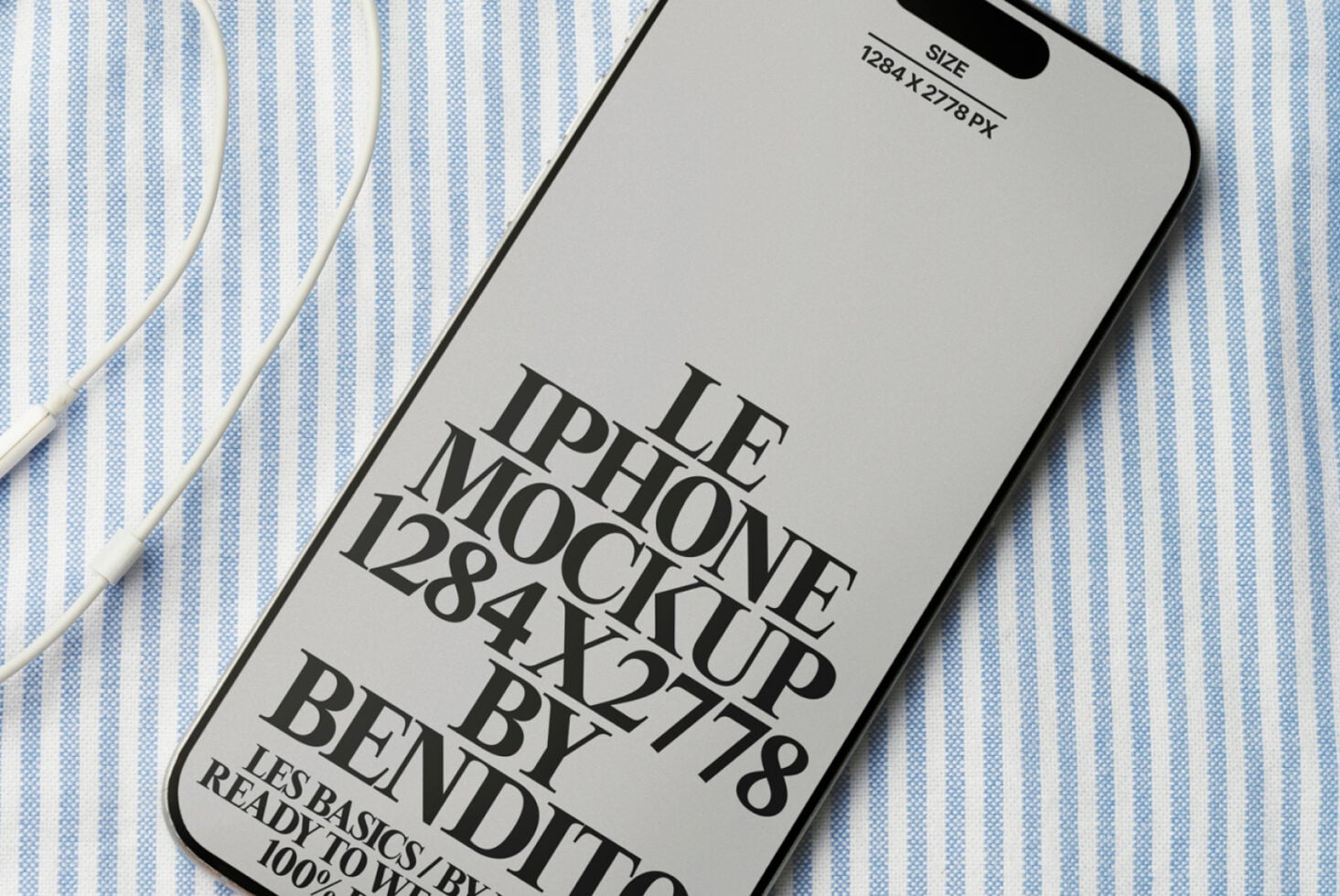 iPhone mockup on striped fabric showing typography layout with size specs