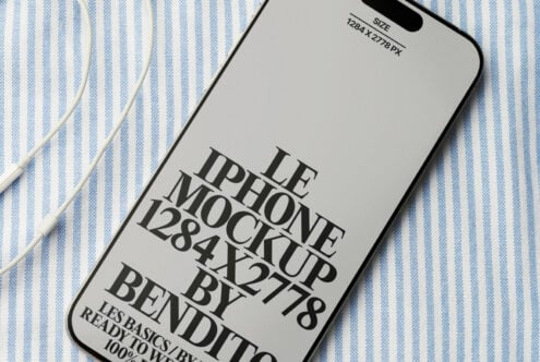 iPhone mockup on striped fabric showing typography layout with size specs