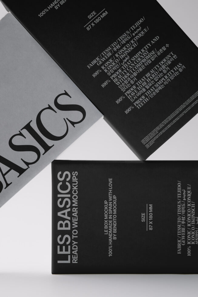 Overhead shot of black, white, gray clothing tags fanned out with product specs