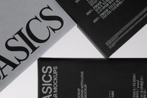 Close-up of black tag reading SLICS mockups with handmade spin text