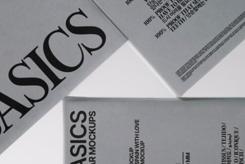 Close-up of gray tag reading SLICS mockups with handmade spin text