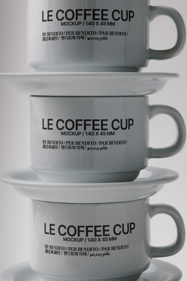 Three ceramic mugs on saucers stacked vertically showing Le Coffee Cup branding mockup