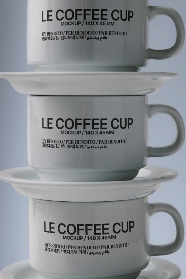 Three stacked ceramic mugs with saucers displaying Le Coffee Cup mockup design