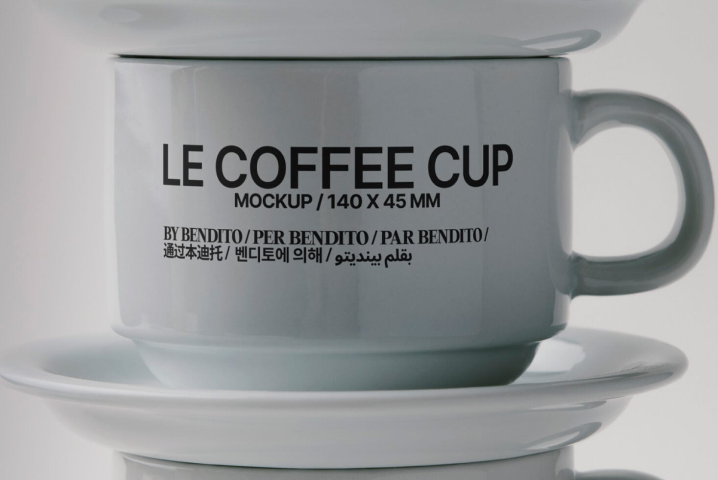 Ceramic mug resting on saucer showing Le Coffee Cup mockup branding layout