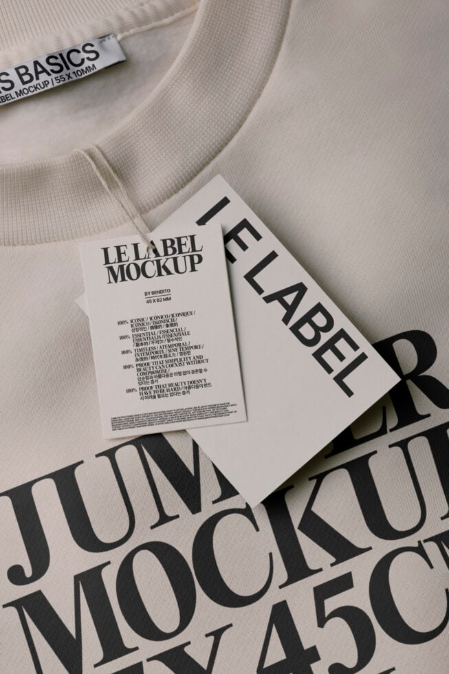 Label mockup on light fabric with white label tag showing care details