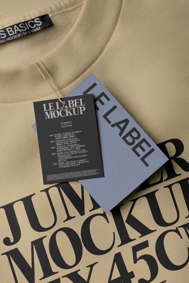 Label mockup on cream t-shirt with printed tag showing 45 x 62mm size