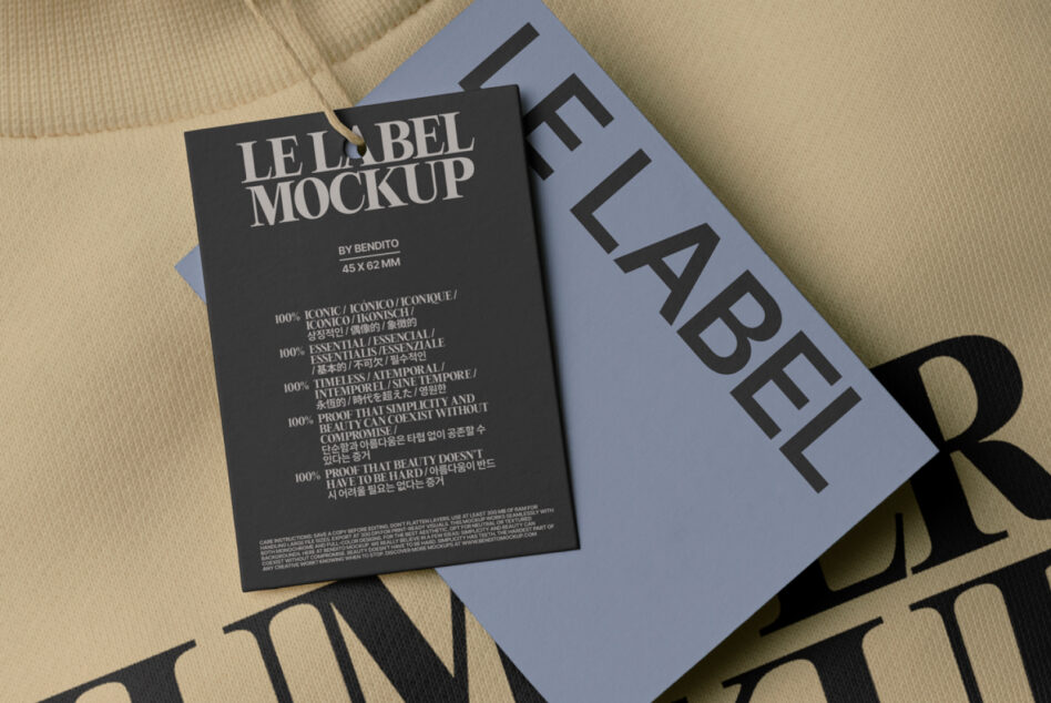 Label mockup on beige clothing with black label tag in overhead shot