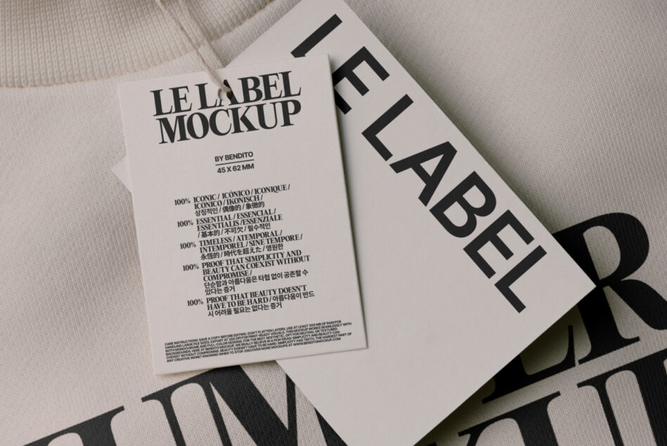 Label mockup on cream garment with white tag showing product information