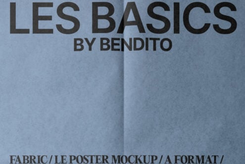 Les Basics by Bendito poster mockup on blue paper showing headline text