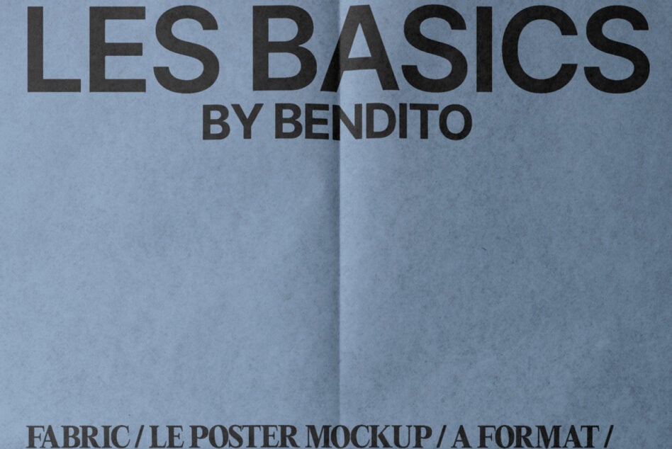 Les Basics by Bendito poster mockup on blue paper showing headline text