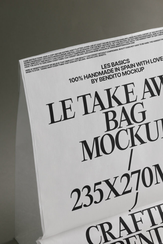 Detail shot of handmade bag mockup with bold serif typography layout