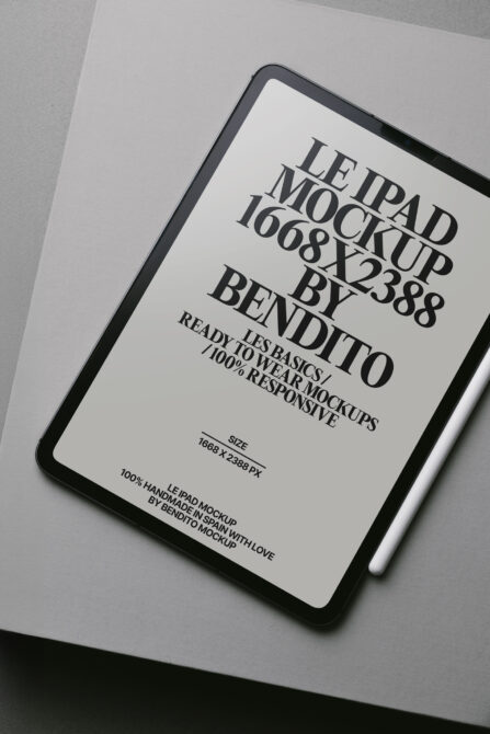 iPad tablet mockup with light screen displaying bold serif text design