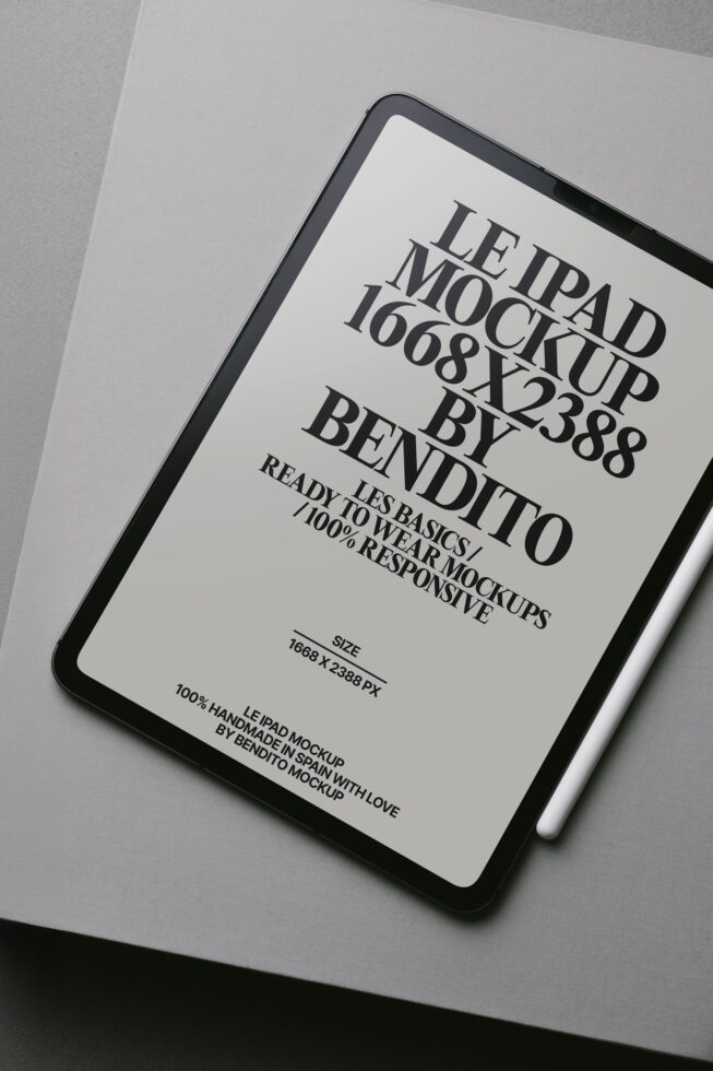 iPad tablet mockup with light screen displaying bold serif text design