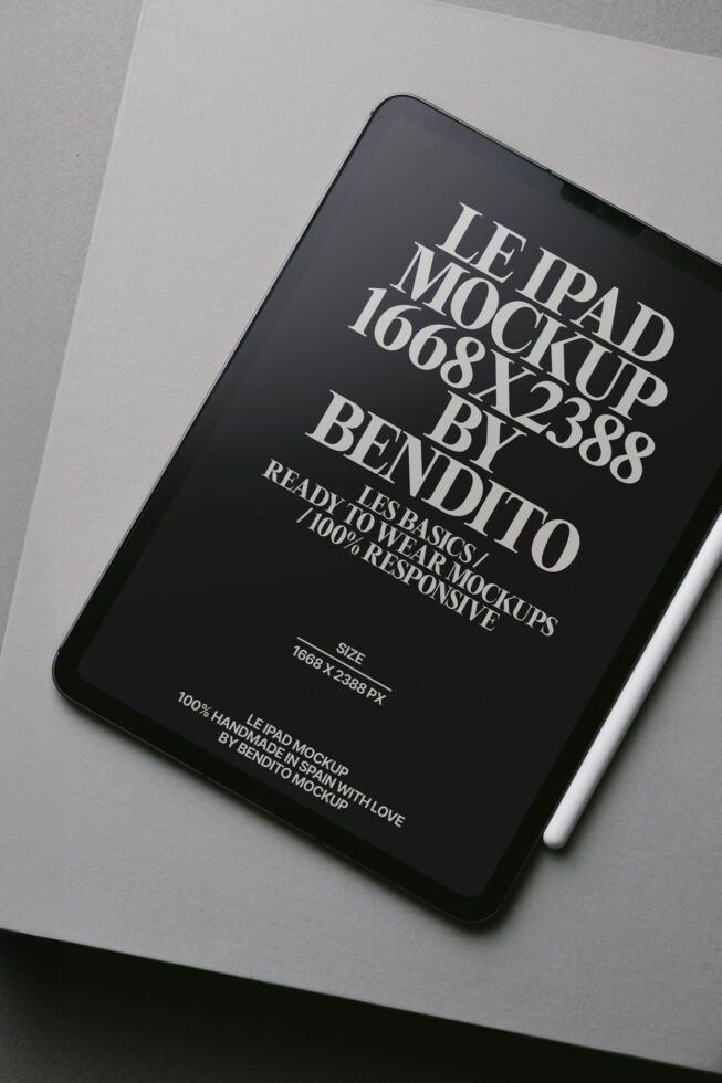 iPad tablet mockup with dark screen showing serif typography layout