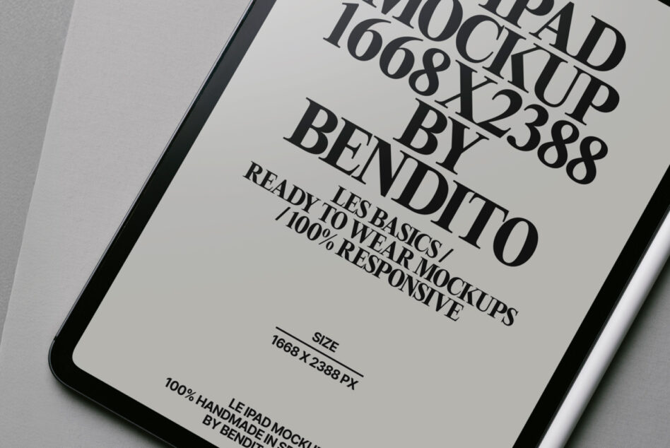 iPad screen angled view displaying minimalist serif typography layout