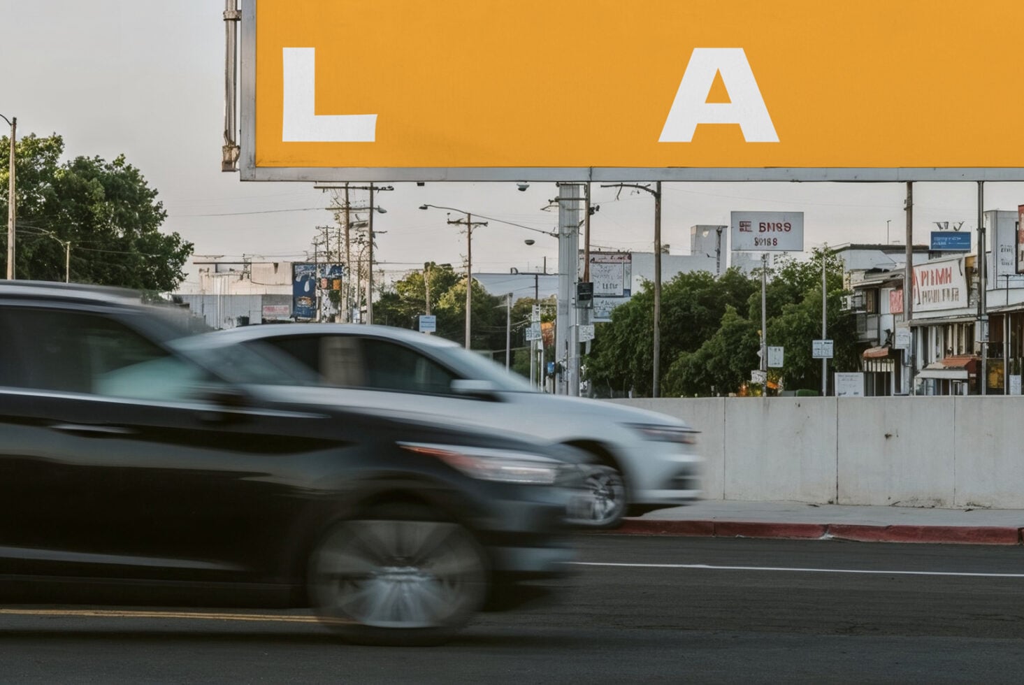 Highway billboard with bright yellow background, large LA letters, moving cars below