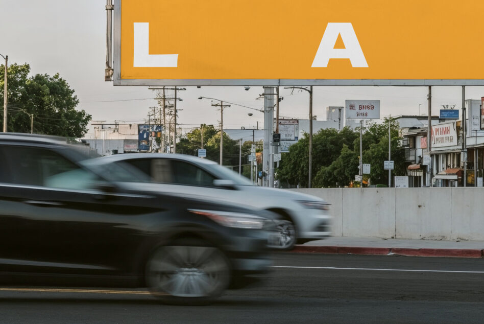 Highway billboard with bright yellow background, large LA letters, moving cars below