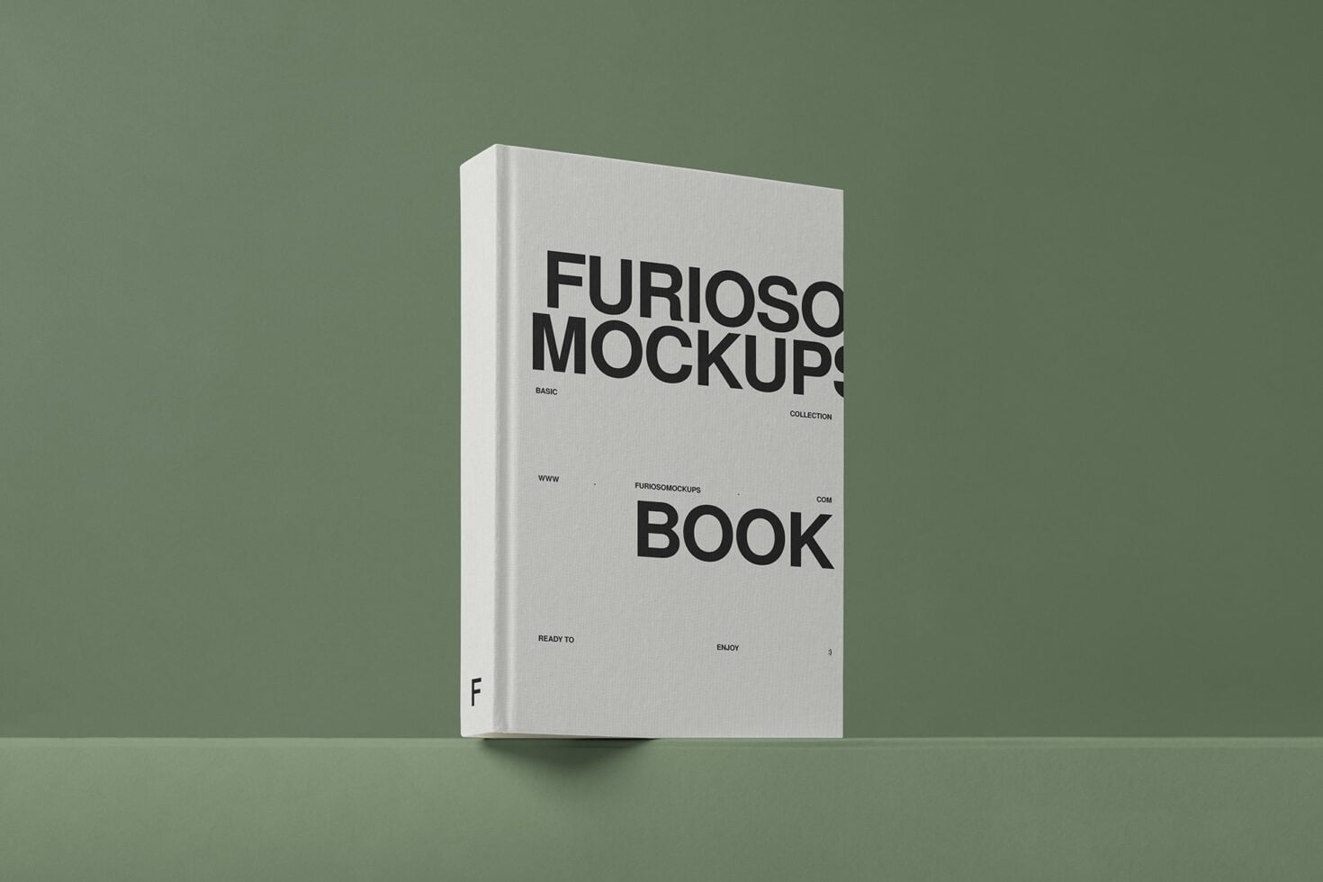 White hardcover book mockup with black typography on soft green background