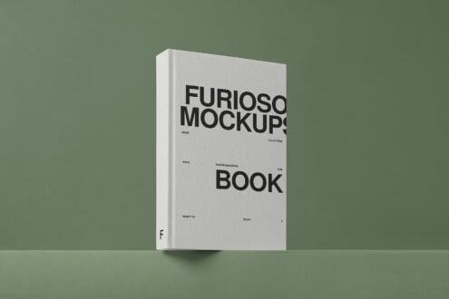 White hardcover book mockup with black typography on soft green background
