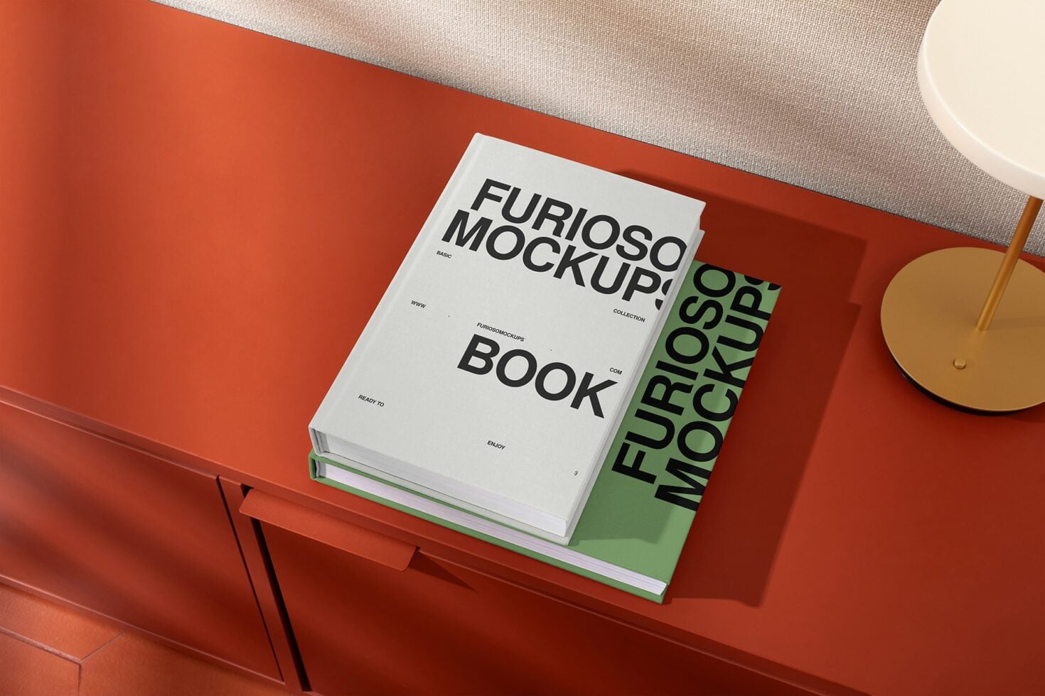 White book mockup next to green book on red shelf display