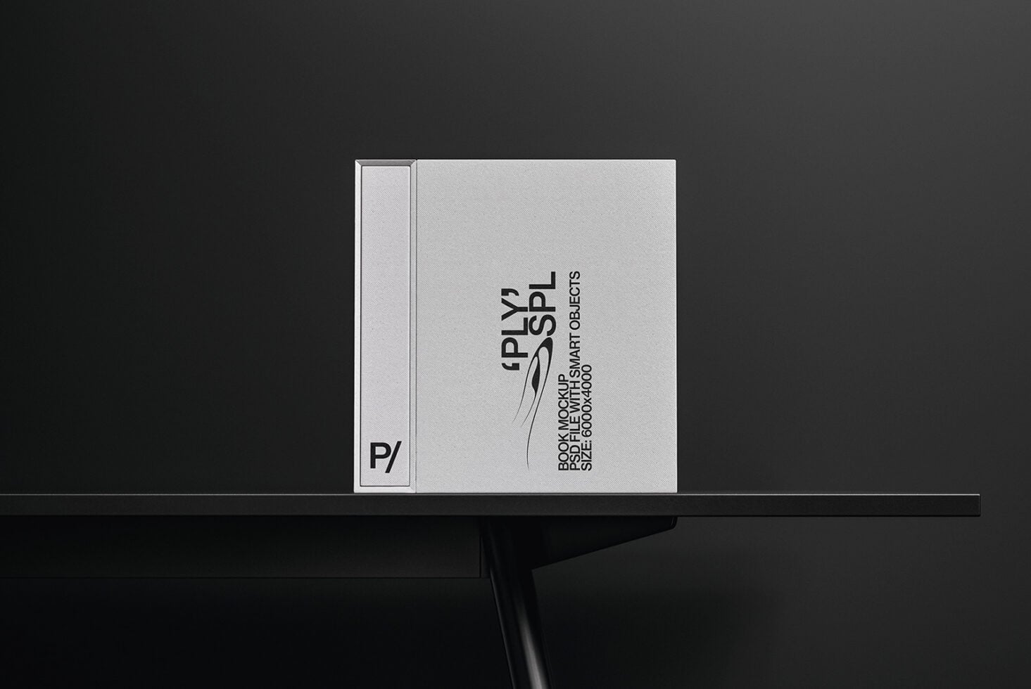 Hardcover book mockup with P/ branding, vertical text layout on dust jacket
