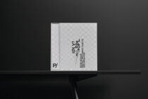 Hardcover book mockup with P/ branding, vertical text layout on dust jacket