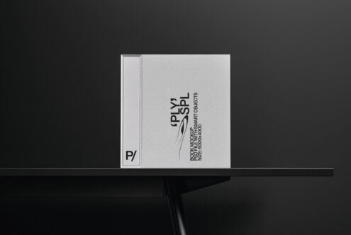 Hardcover book mockup with P/ branding, vertical text layout on dust jacket
