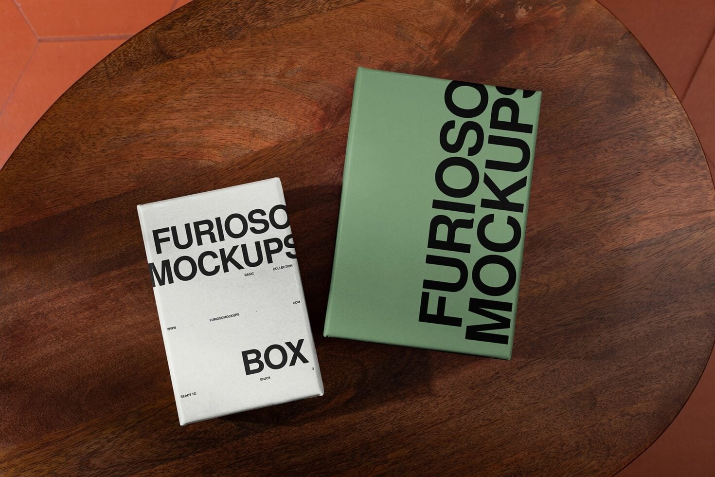 White green boxes on wooden table showing mockup series