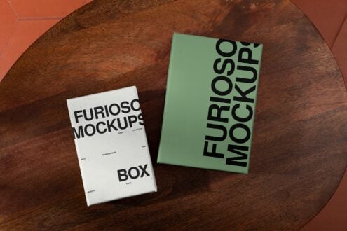White green boxes on wooden table showing mockup series