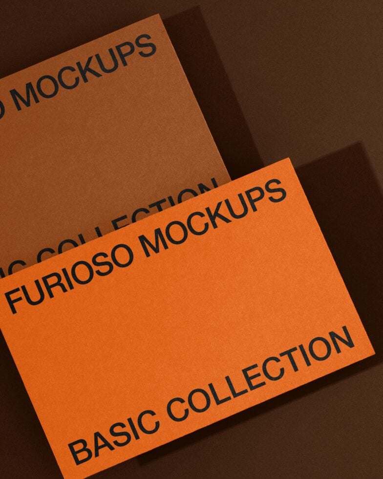 Two stacked orange cards casting shadows on dark brown background displaying Furioso Mockups Basic Collection