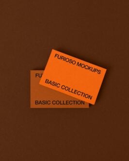 Two tilted business cards on brown background with orange blue text layouts