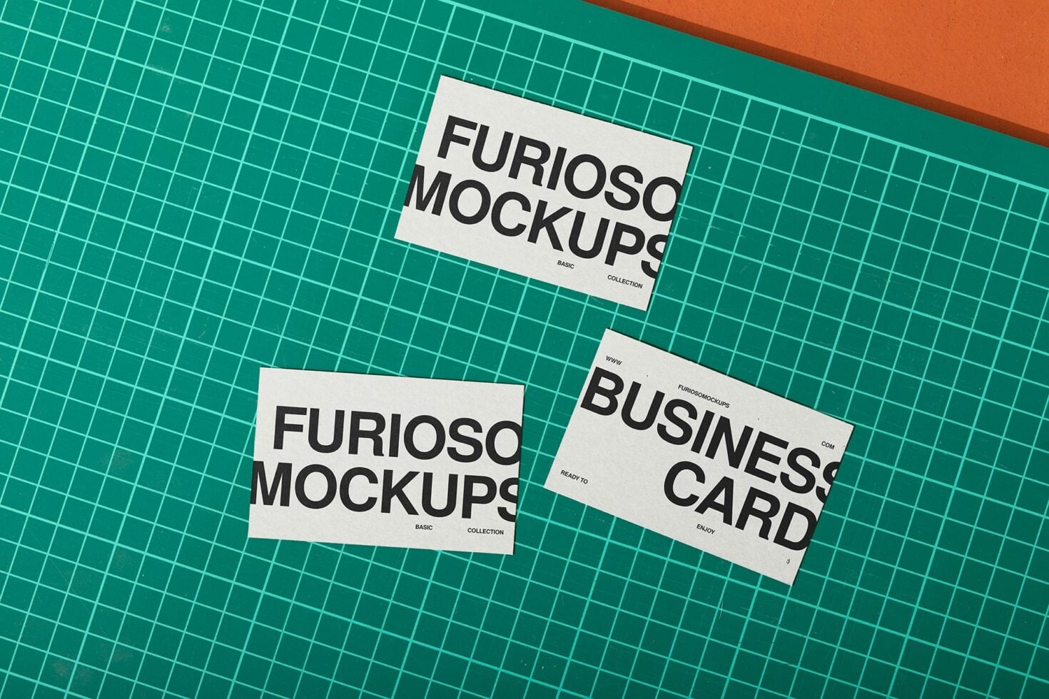 White stationery mockups spread on teal grid with business card