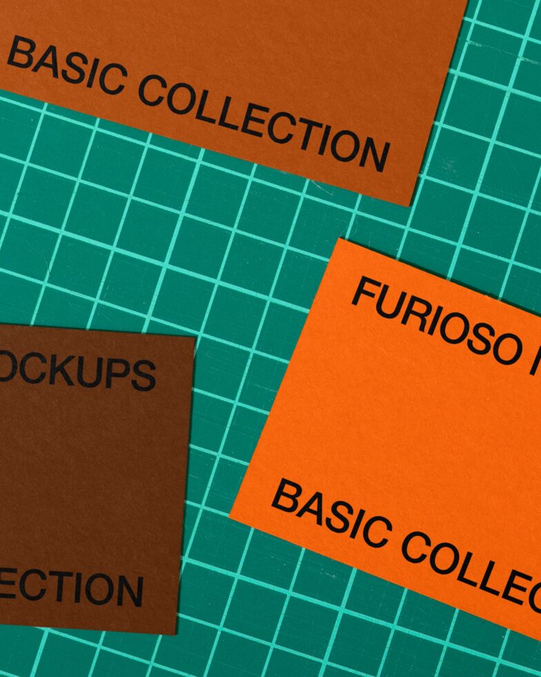 Orange brown card mockups fanned out on teal grid background