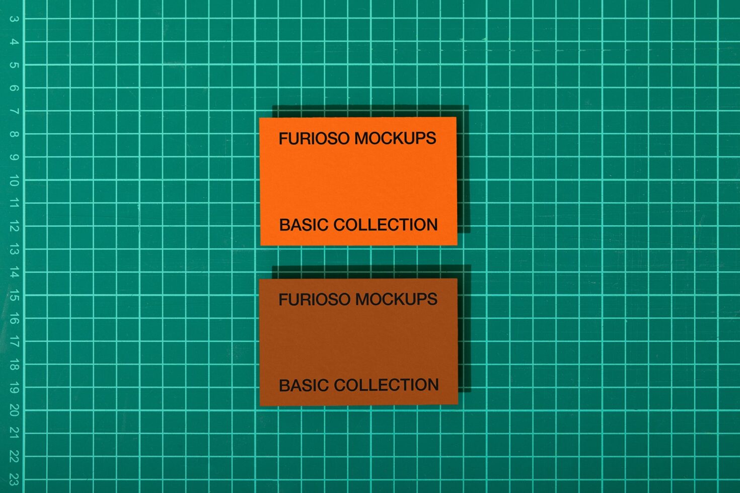 Orange brown card mockups stacked on teal grid with measurements