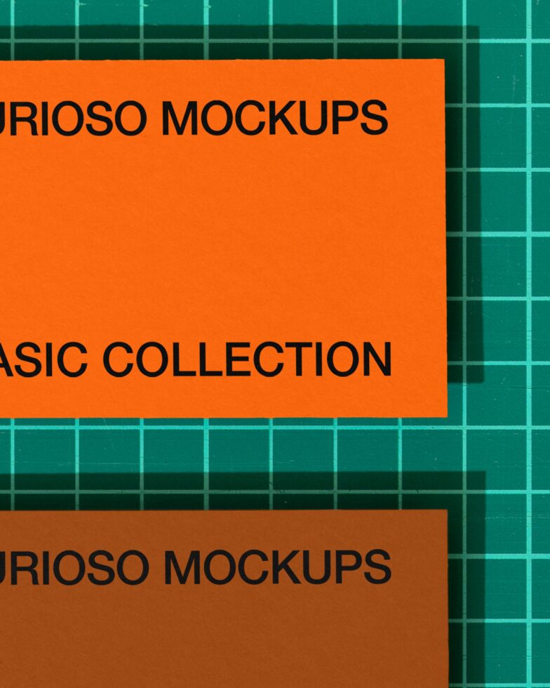 Orange card mockups on teal grid background with measurement markers